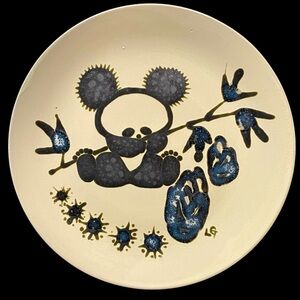 Vintage 1990s Signed LG Chinese Pottery Art Wall Plate Panda Bamboo Asian